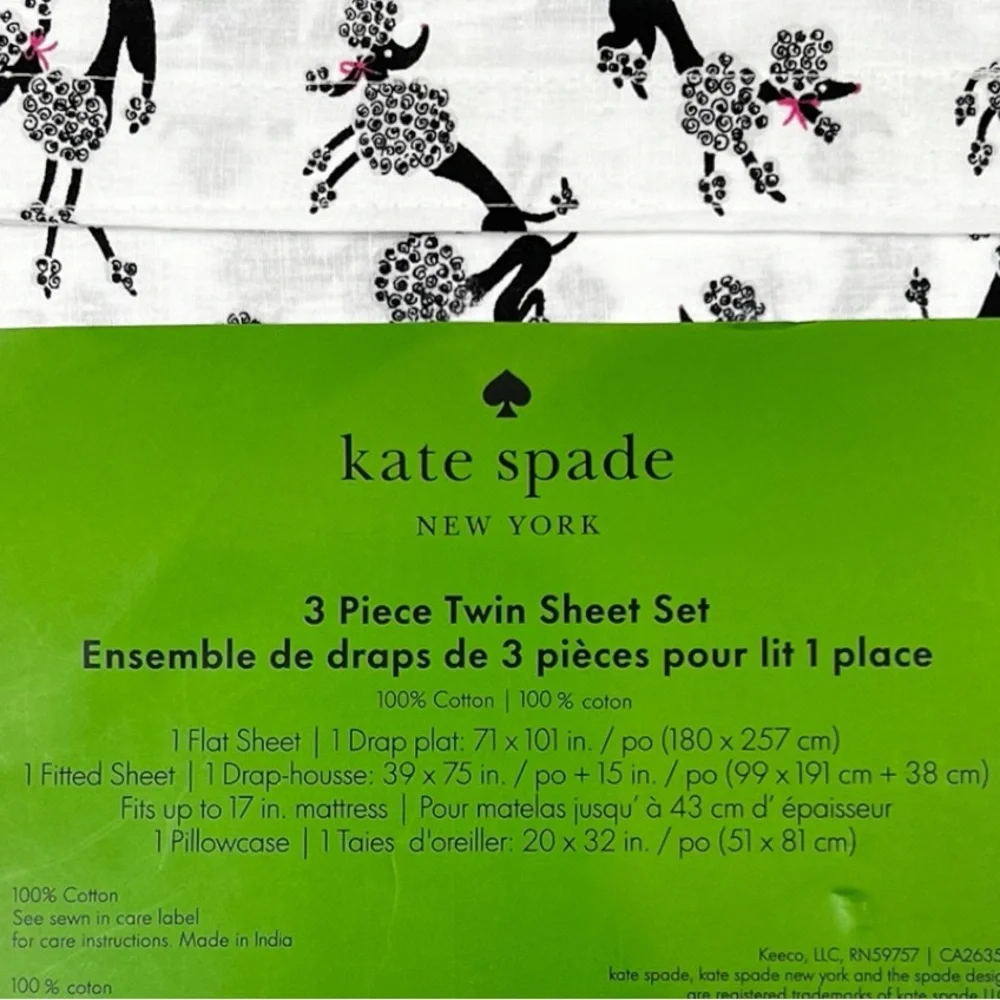 Kate Spade - ‘Poodles’ Regular Twin Sheet Set. NWT. Firm!